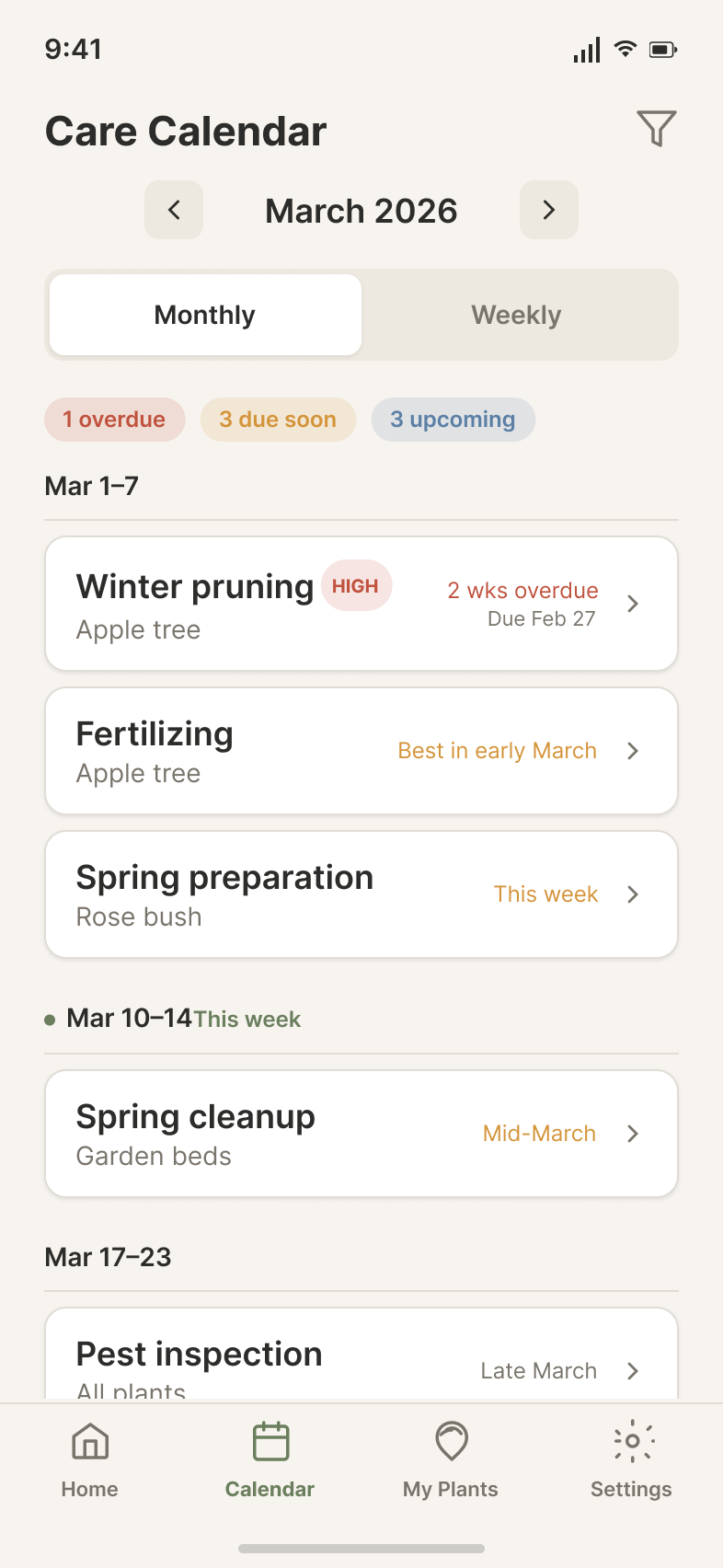 Gardero app calendar view with care tasks