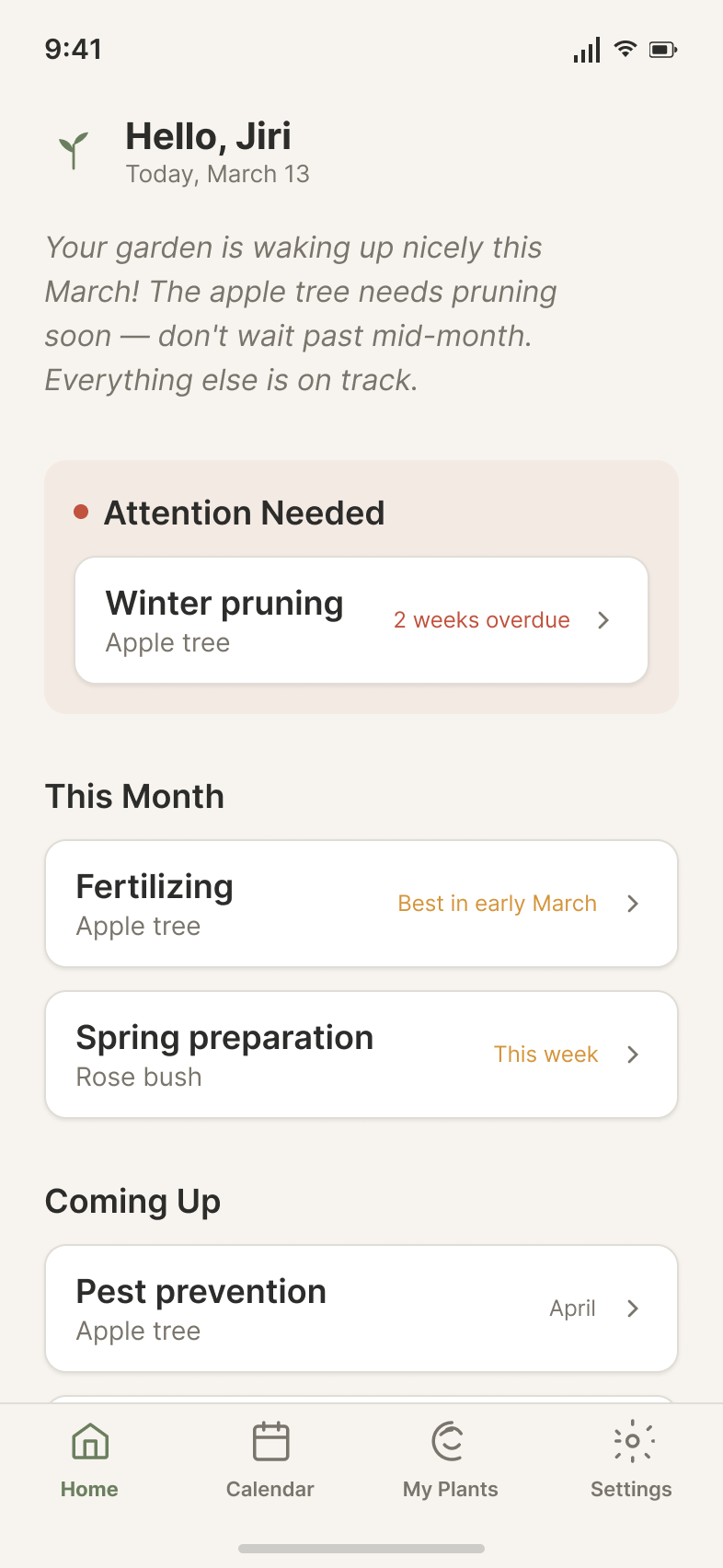 Gardero app home screen showing garden overview